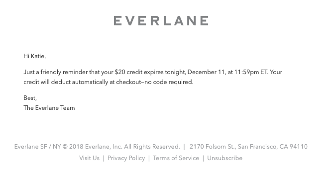 Correo electrónico recordatorio de Everlane